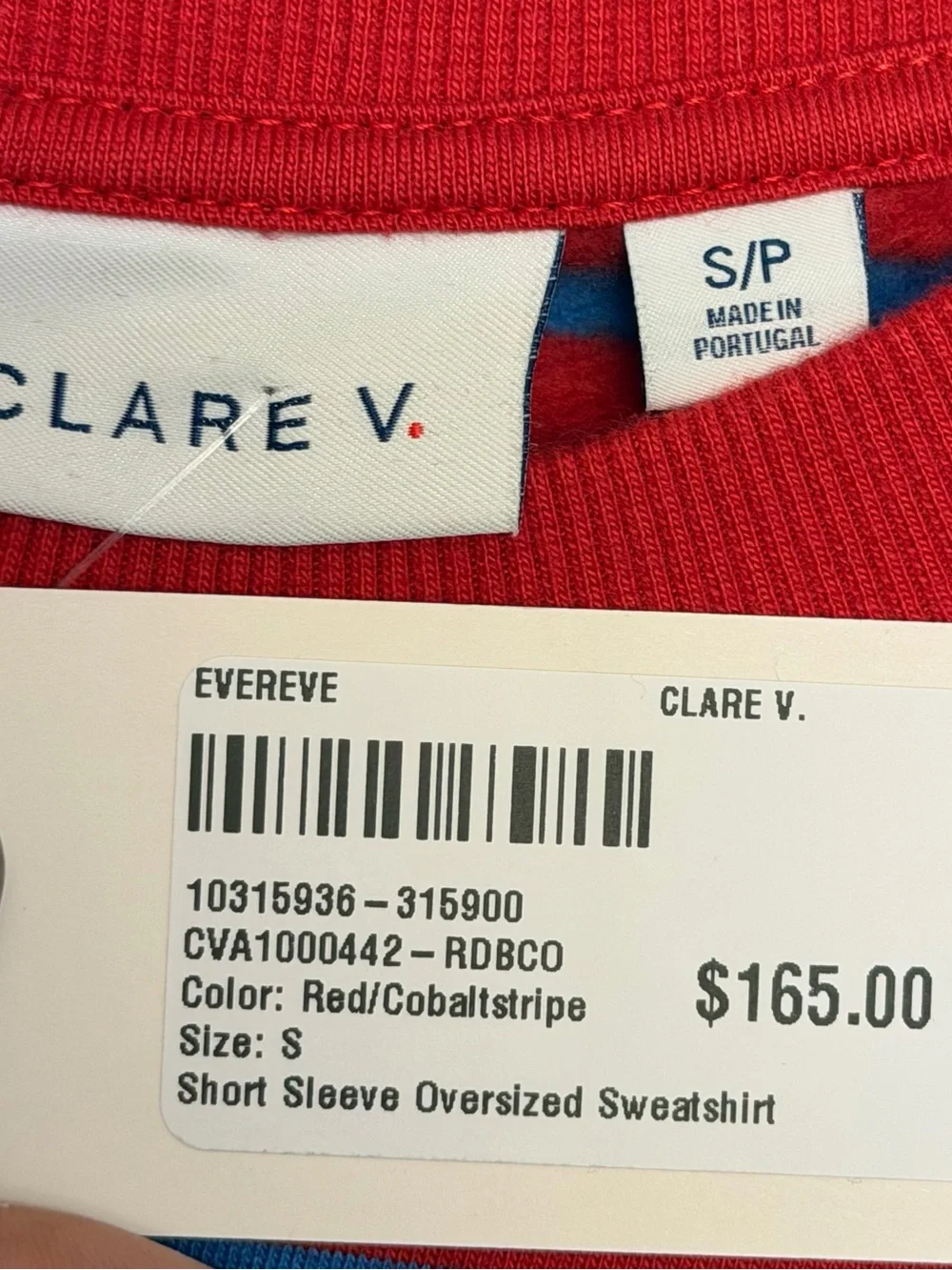Clare V Red & Blue Striped Puff-Sleeve Oversized Sweatshirt - Picture 3 of 4